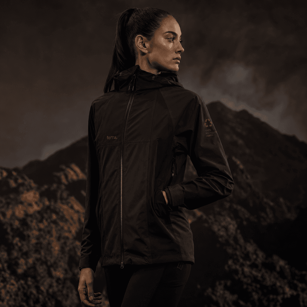 Model wearing black recycled plastic performance jacket in minimal studio