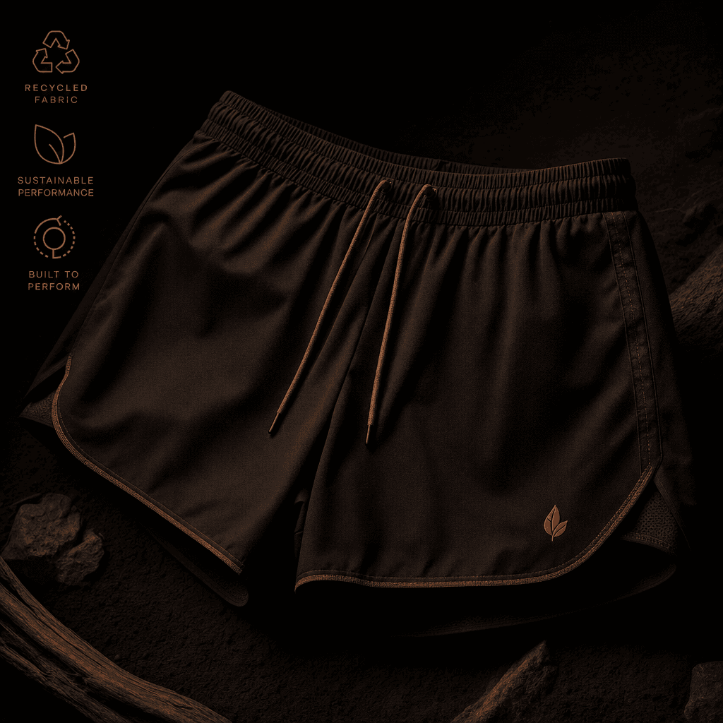 Recycled material running shorts with flat seams on white background