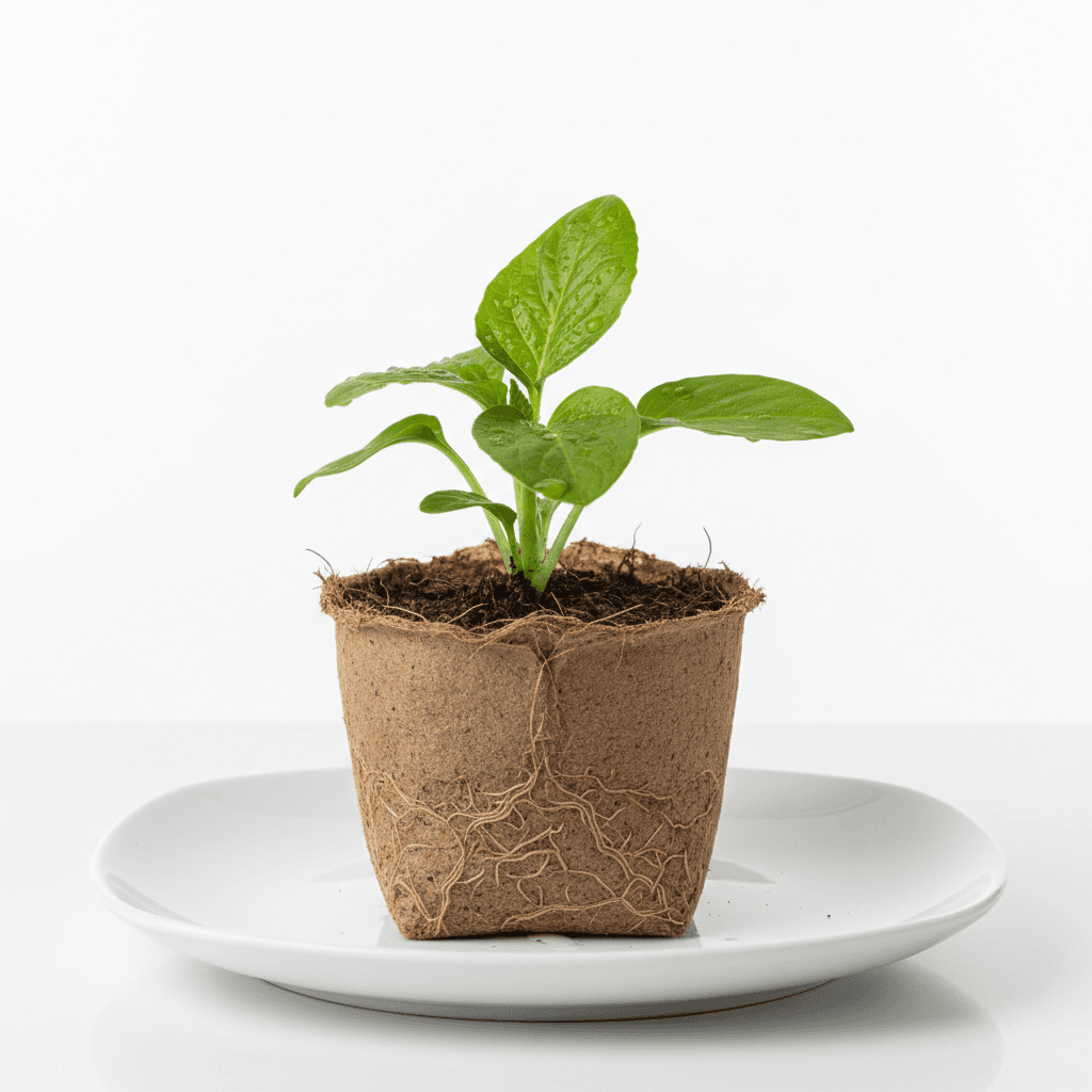 Plant growing from compostable packaging