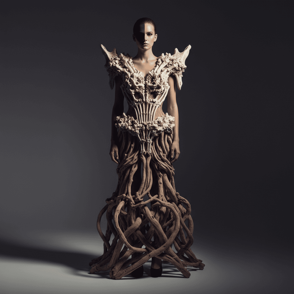Model wearing AI-generated clothing with organic textures