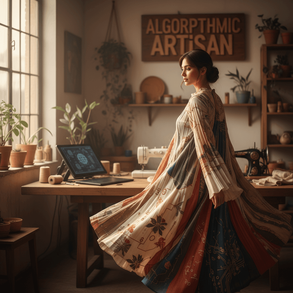 Person wearing AI-generated garment in studio light