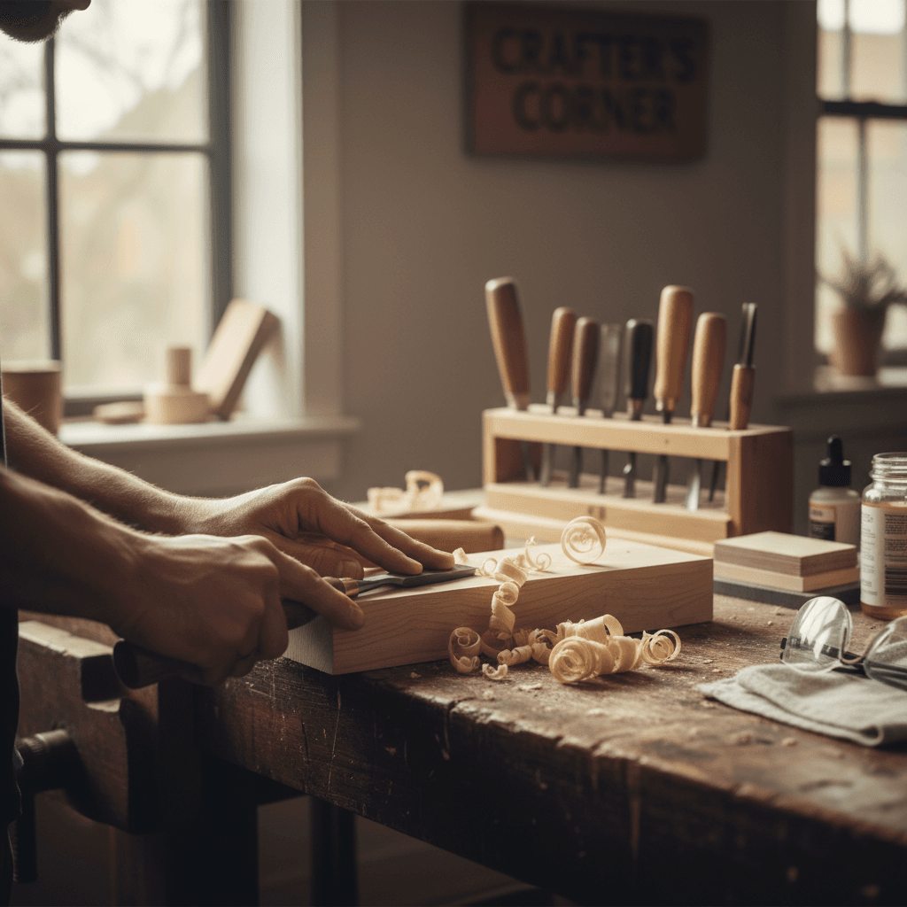 Hands carving wood on a workshop bench