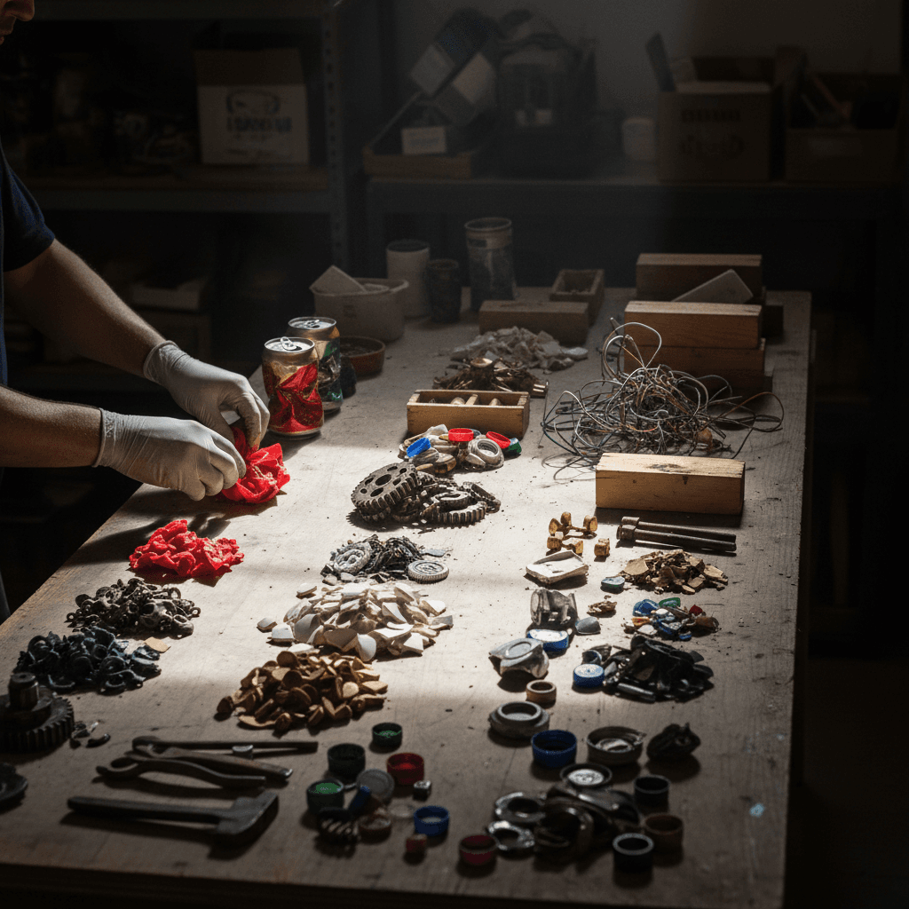 Upcycling materials on a workbench
