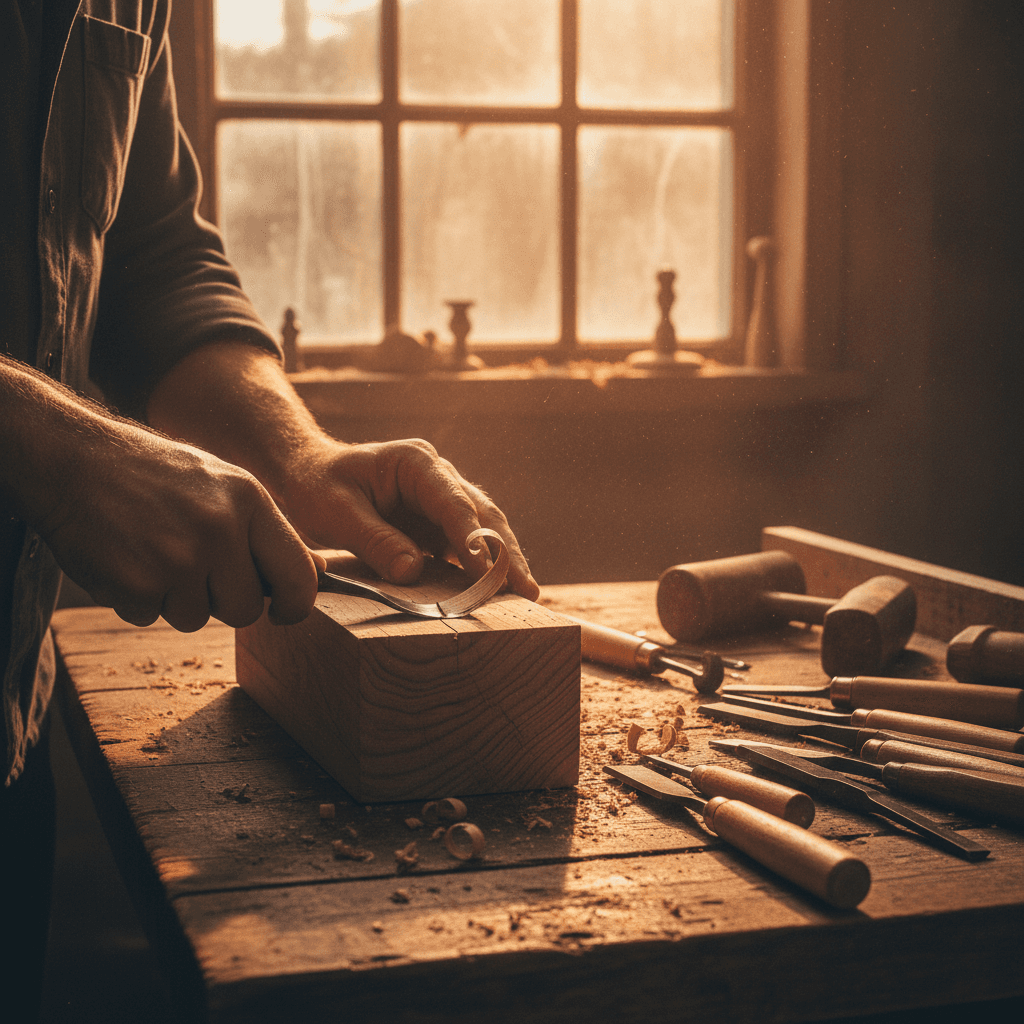 Carving wood in the workshop