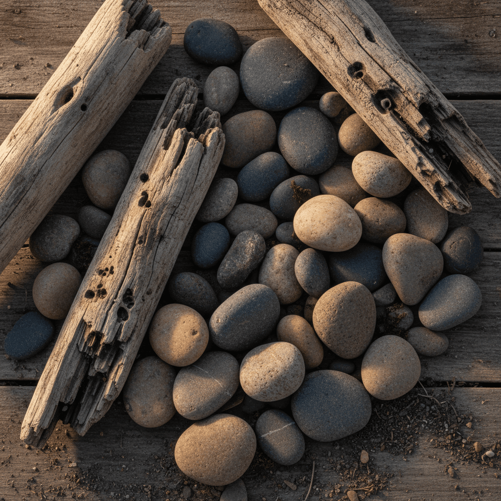 Raw driftwood and stones arranged on a table