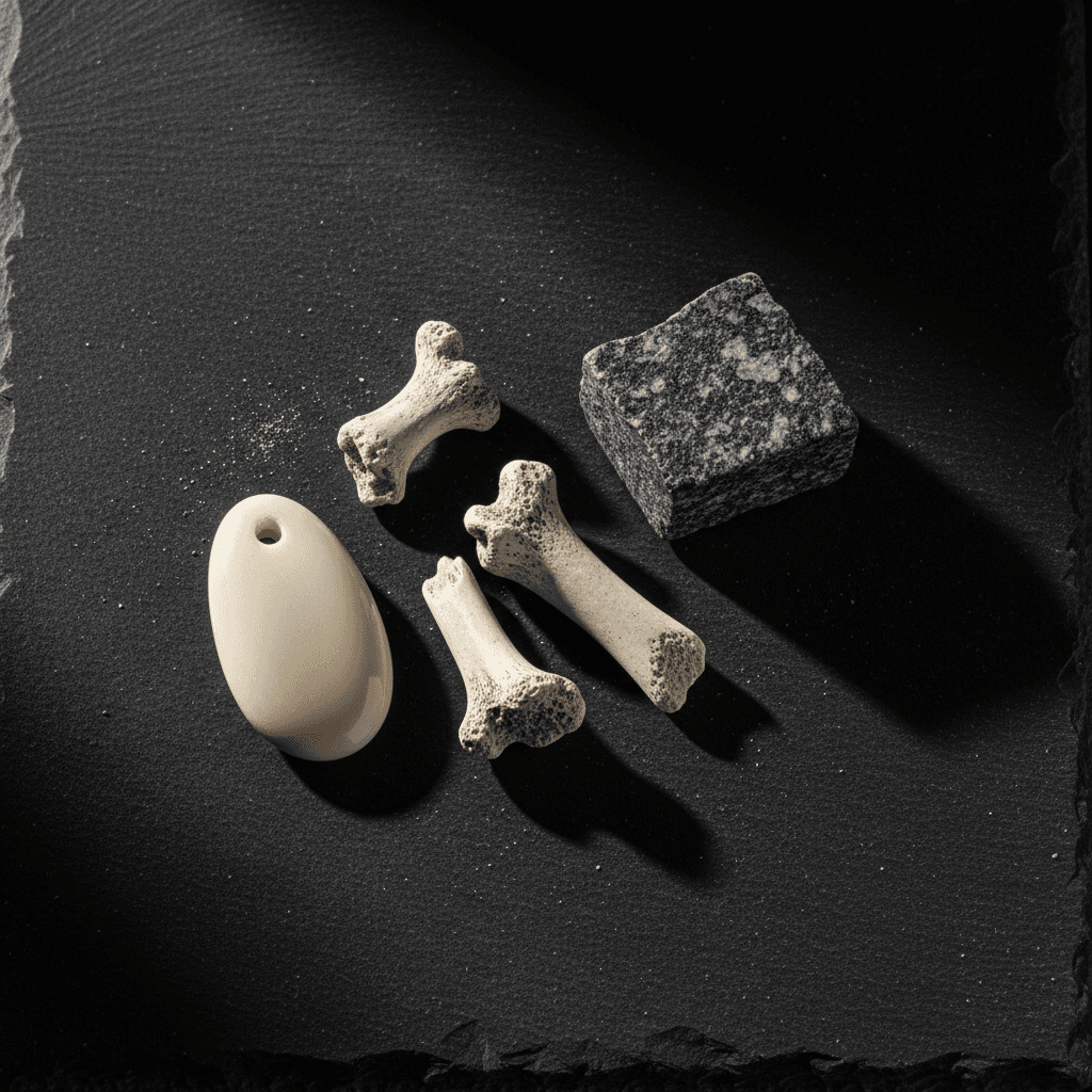 Polished bone jewelry next to raw bone and stone