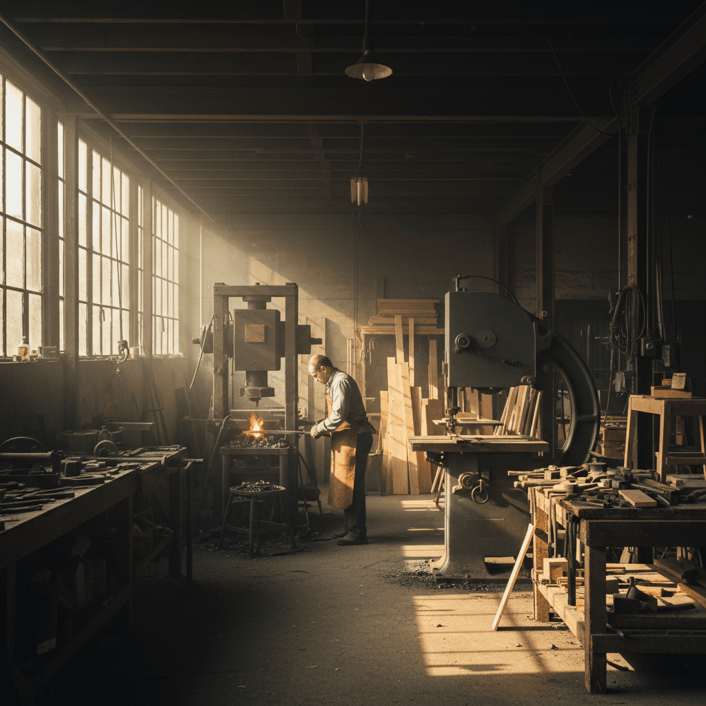 Workshop with heavy carving and construction tools