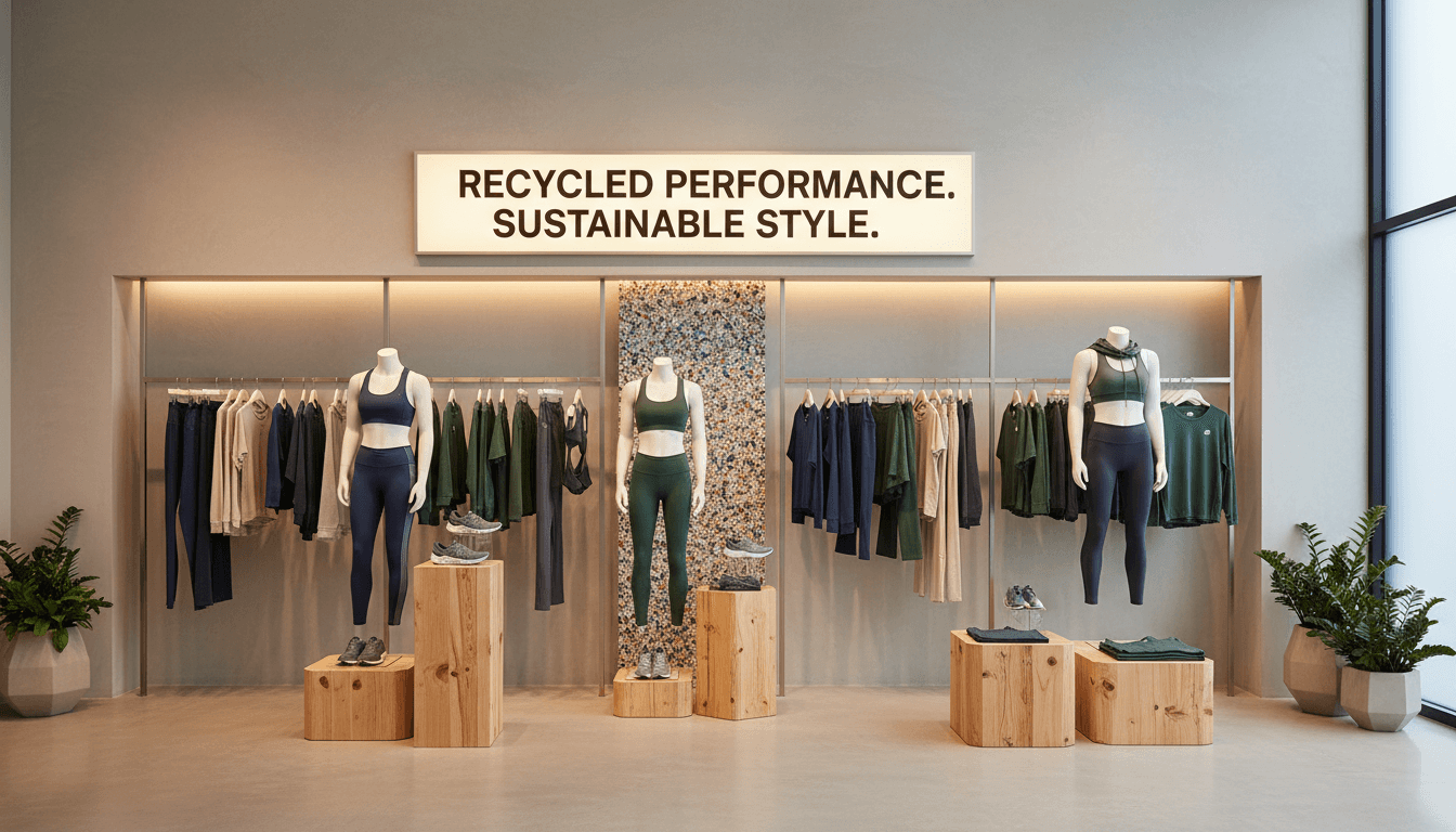 Athletic wear made from recycled materials on clean modern display