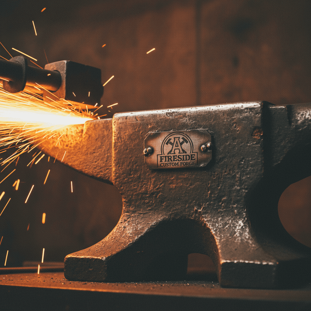 PentraForge logo on a steel anvil in the workshop
