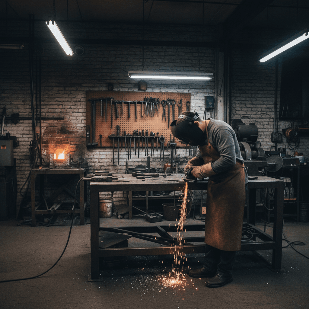 Workspace with forge and artisan working at metal surface