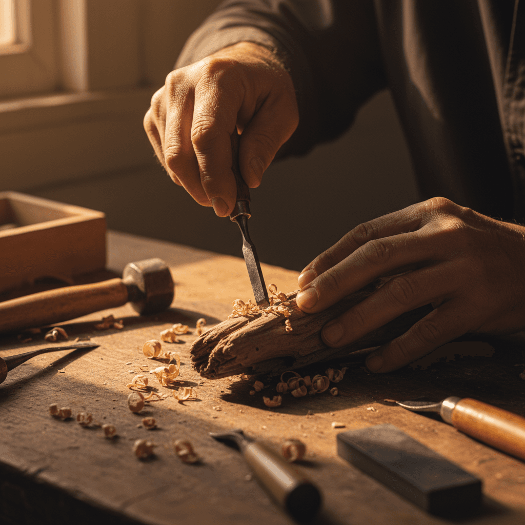 Close-up of hands carving driftwood with chisel