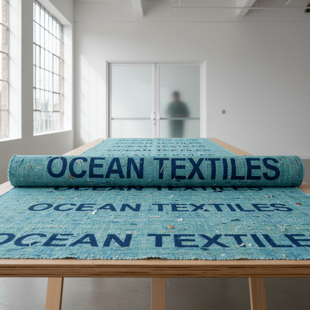 Recycled ocean plastic fabric roll in a modern studio