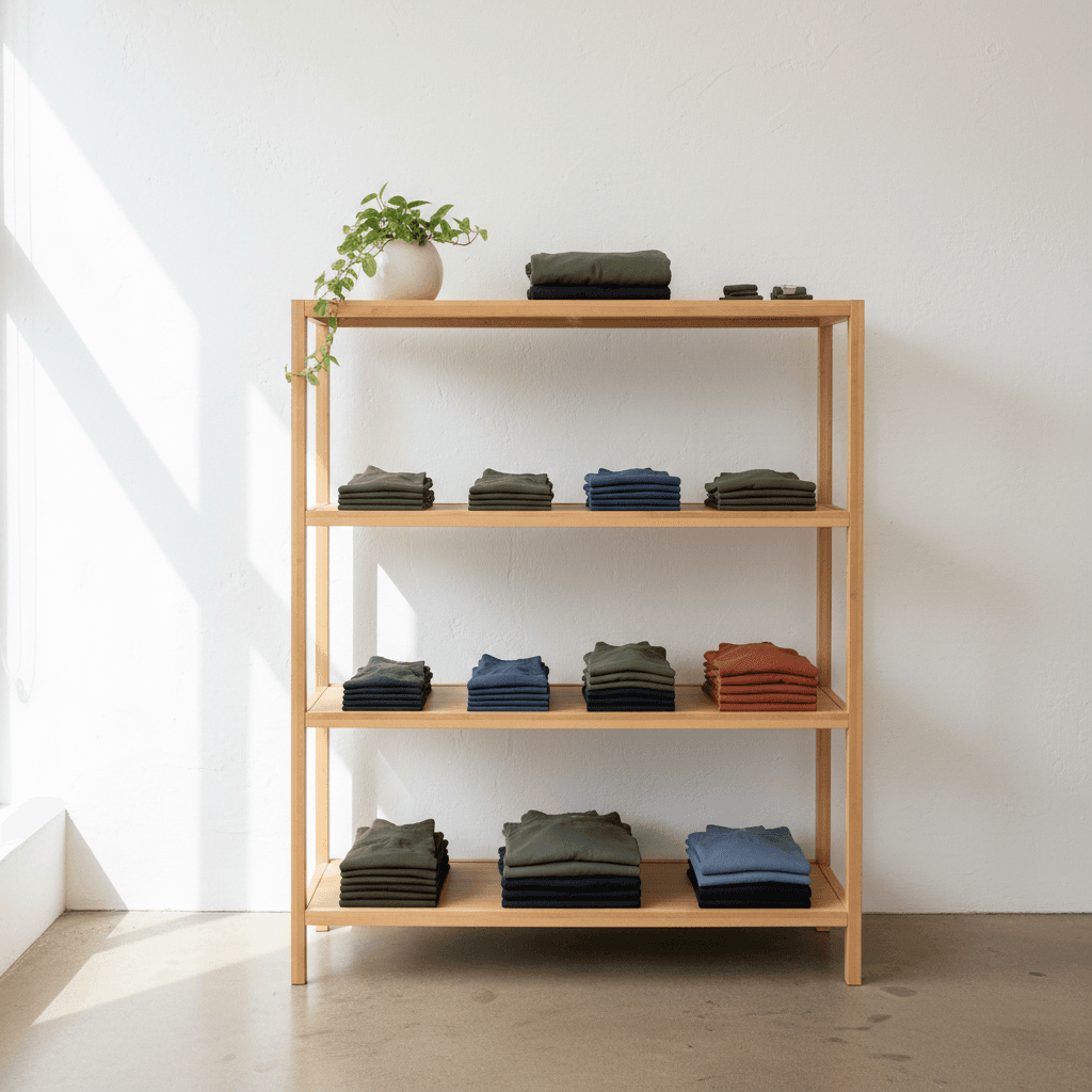 Sustainable athletic wear displayed on a bamboo shelf