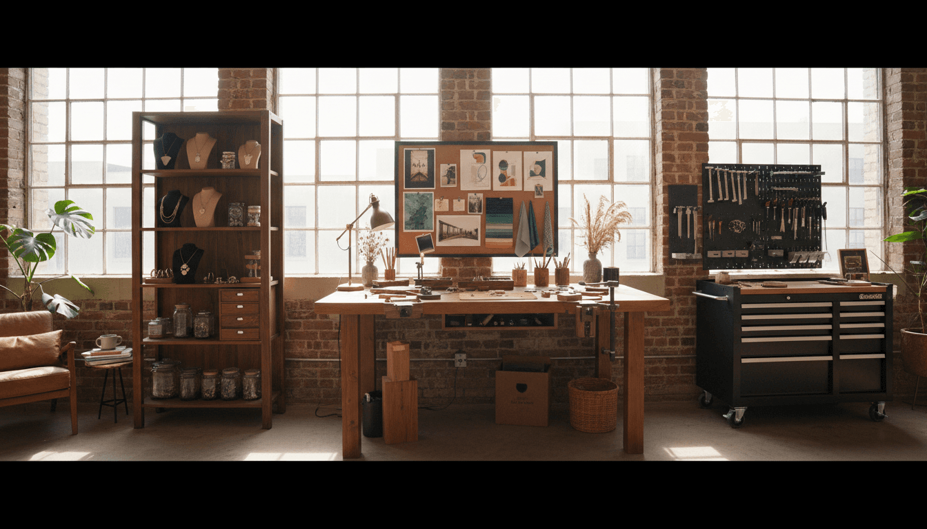 EcoPentra's Dallas studio workspace with tools, materials, and finished pieces