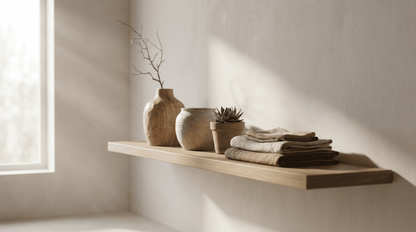 Arranged sustainable materials including driftwood, stone, bone, and fabric showcasing EcoPentra's nature-based design approach