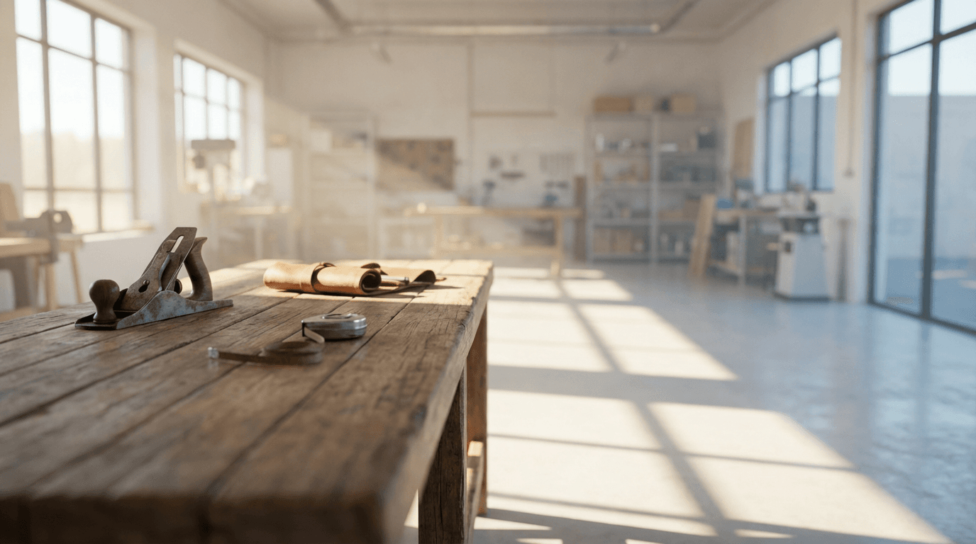 Minimalist maker workspace with organized natural materials and carving tools, clean lighting and open layout