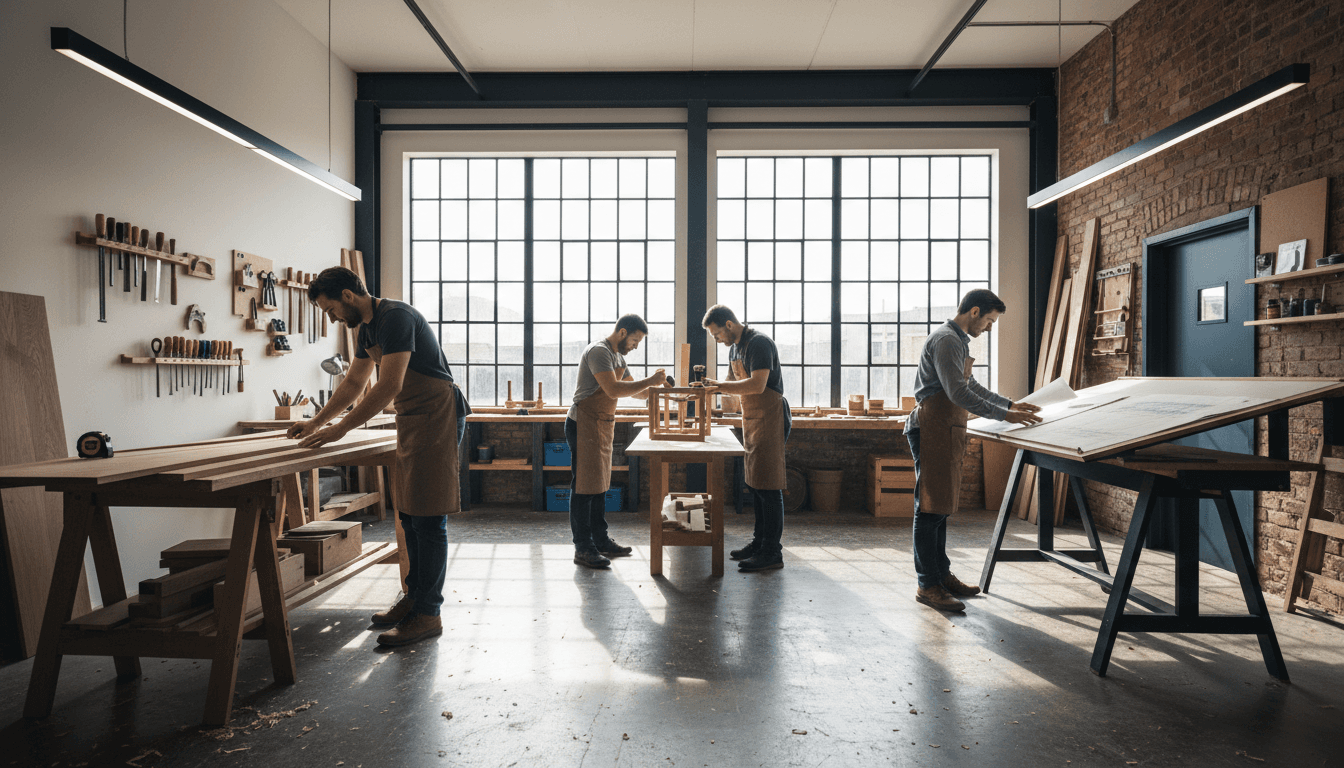 Maker hands carving with detail tools at organized studio workbench