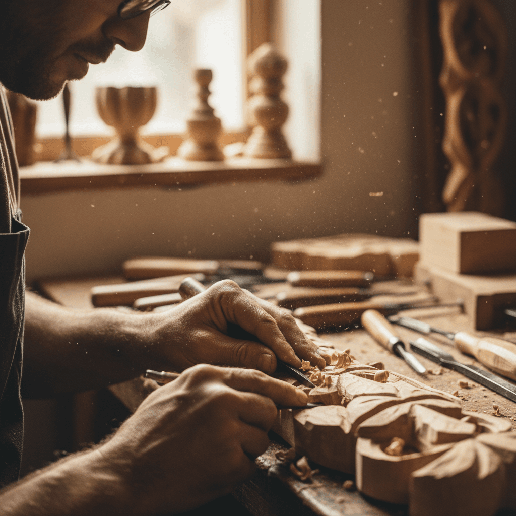 Hands carving bone or stone with traditional hand tools